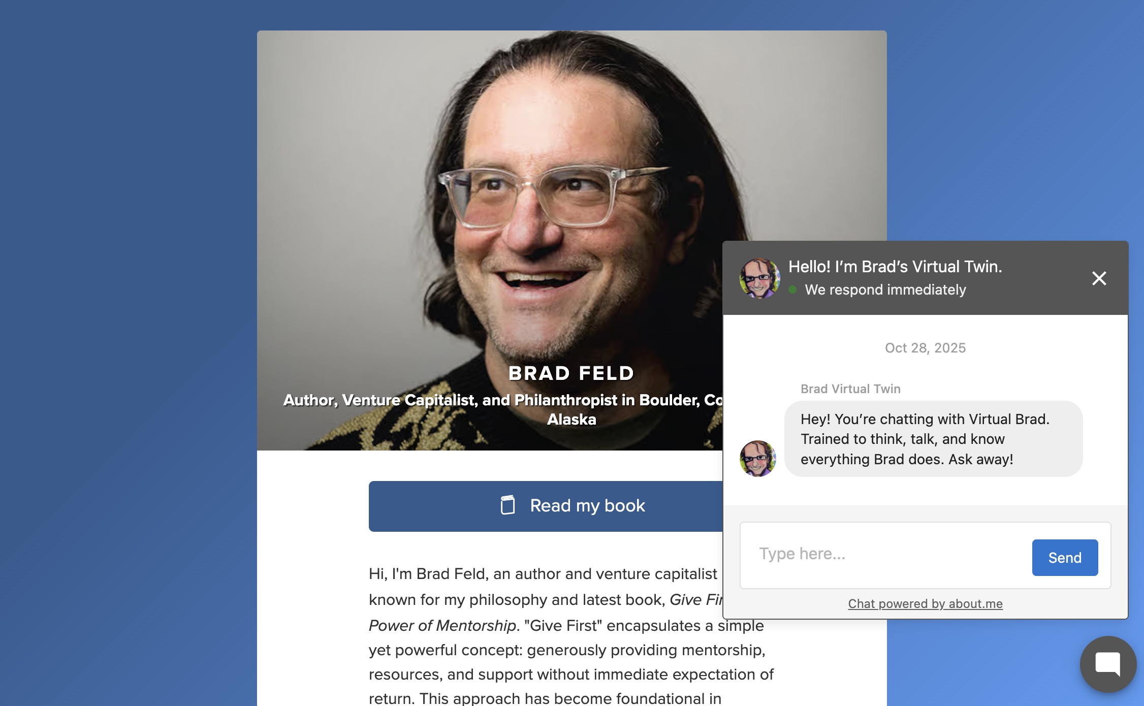 AI Twin Example - Virtual Brad chatbot interface
